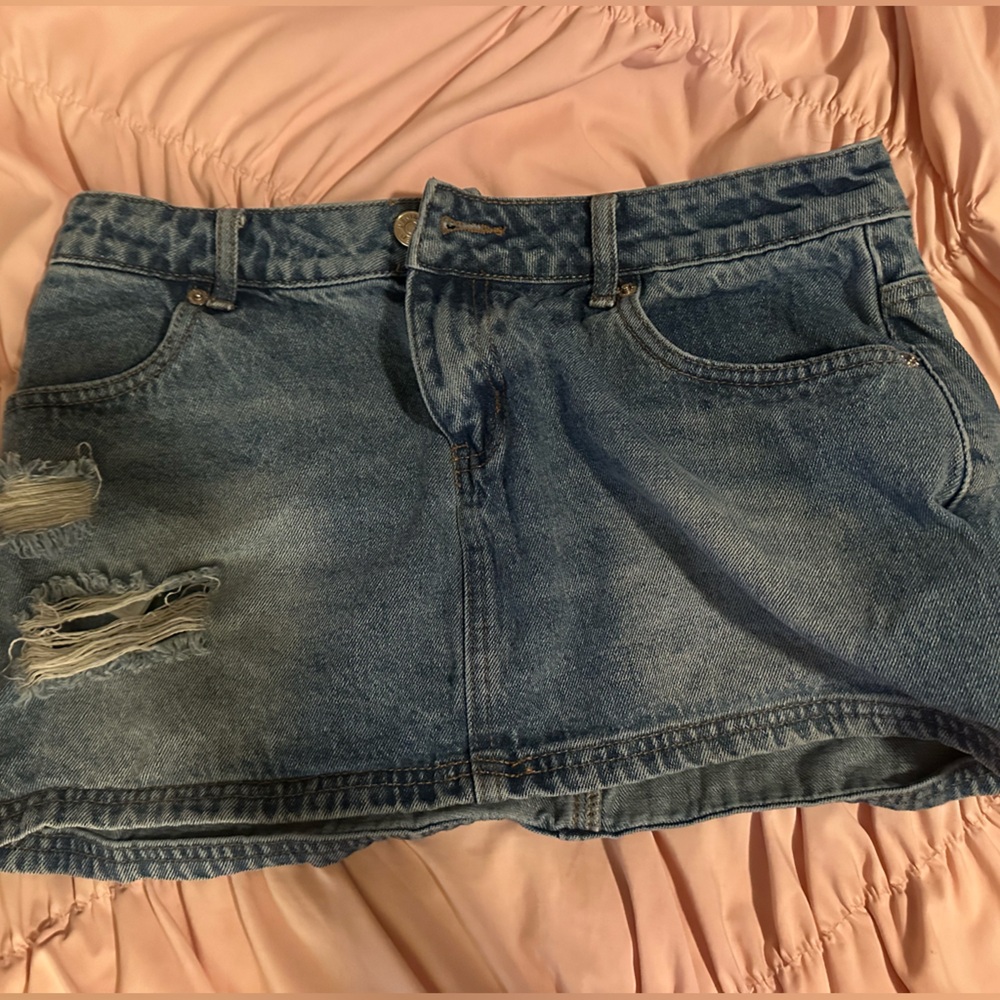 Edikted Blue Distressed Denim Mini Skirt